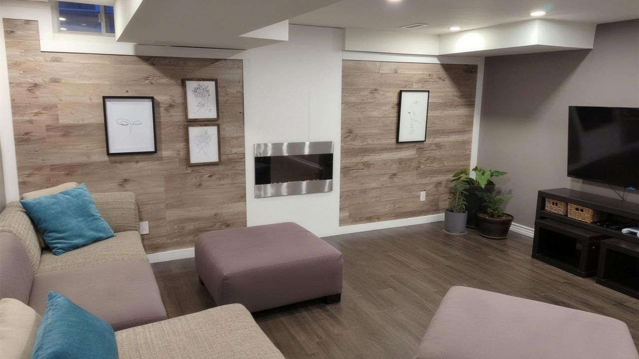 Finished basement with wood-look accent walls, an electric fireplace and pot lights