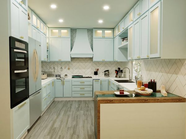 Rendering of a kitchen with pale blue shaker cabinets, a white herringbone backsplash and a wood and green resin counter, Brampton