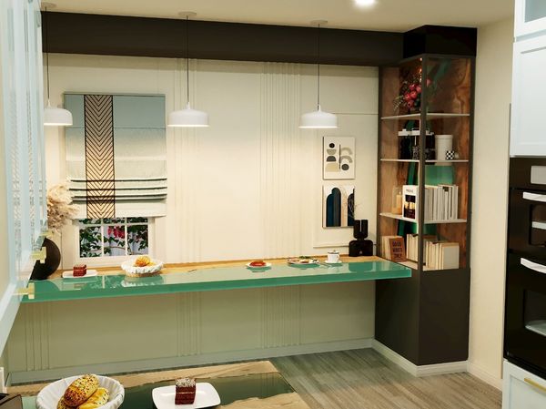 Rendering of a kitchen bar wall with a green counter, open shelving and pendant lights, Brampton