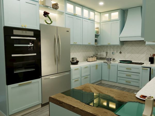 Rendering of a kitchen with wall ovens, a stainless fridge and pale blue cabinets, Brampton