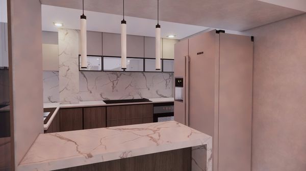 Rendering of a kitchen with a marble island and backsplash, dark wood cabinets and tall pendant lights, Brampton