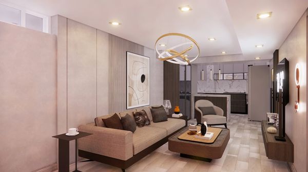 Rendering of a lounge with a beige sofa, a ring chandelier and a wall mounted screen, Brampton