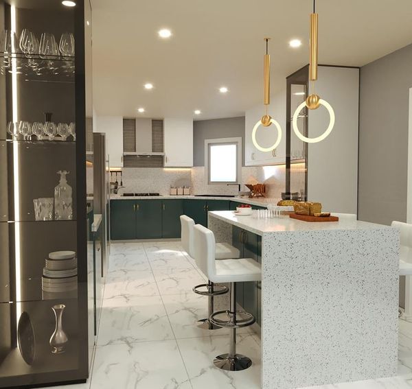 Rendering of a kitchen with green cabinets and a terrazzo island, Vaughan