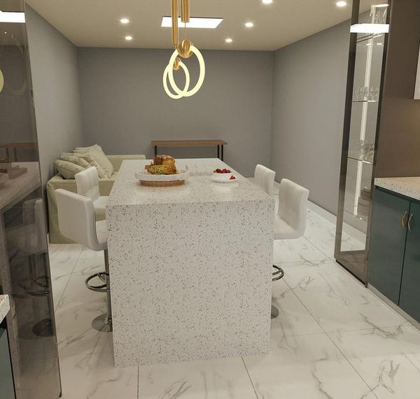 Rendering of a terrazzo island and white bar stools under ring pendant lights, Vaughan