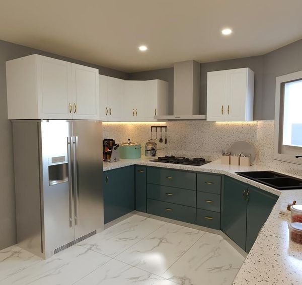 Rendering of a corner kitchen with green lower cabinets, white upper cabinets and a stainless fridge, Vaughan