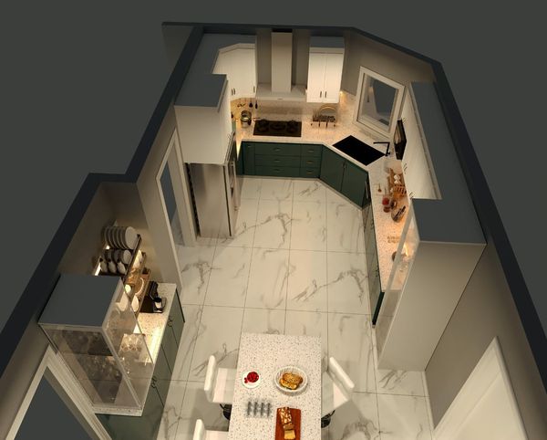 Rendering of another kitchen layout seen from above at an angle, Vaughan