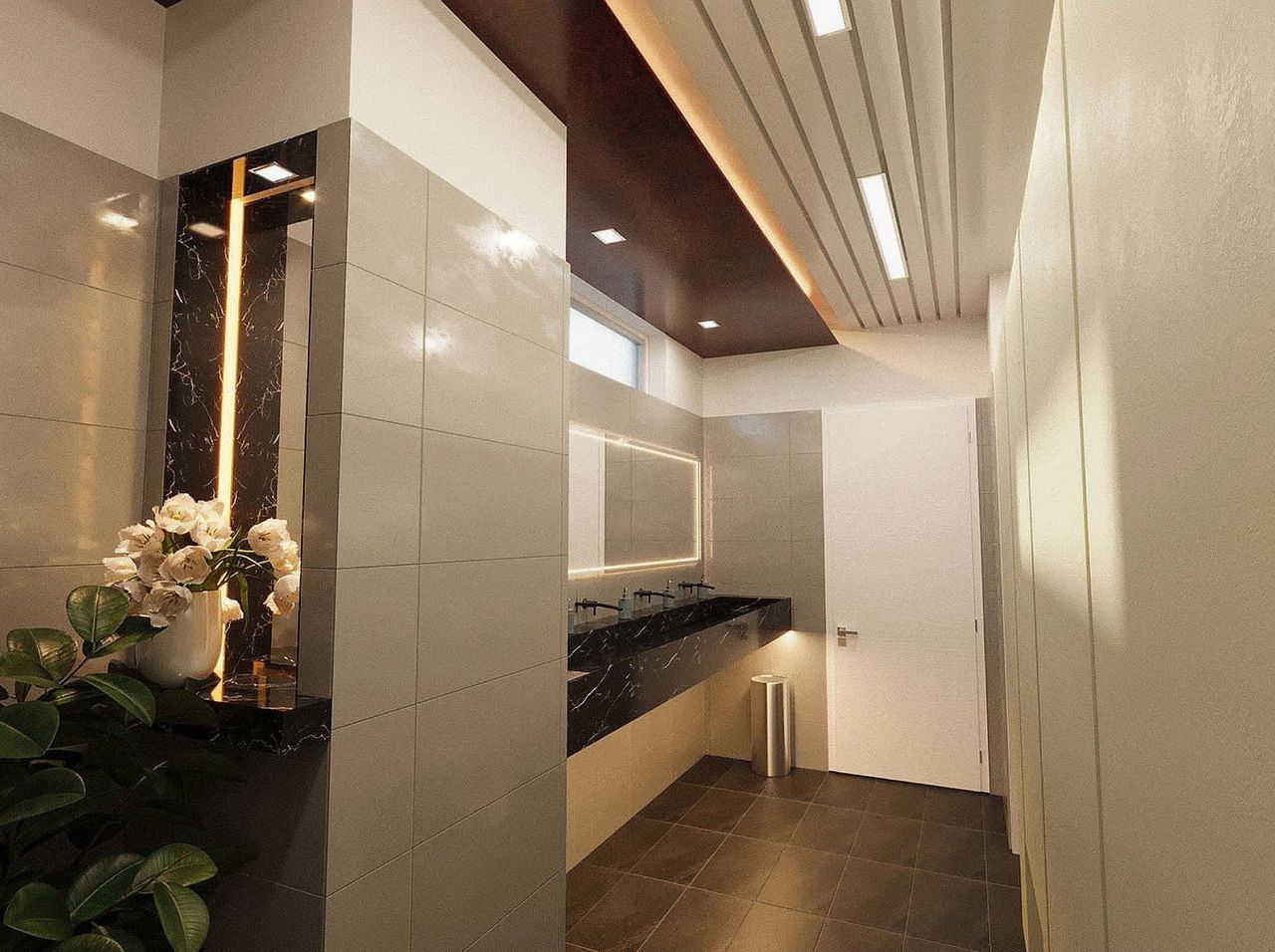 Rendering of a commercial washroom with a black stone counter and a wood slat ceiling, Brampton