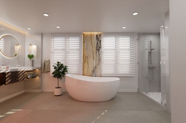 Rendering of a bathroom with a freestanding tub, a glass shower and a marble feature wall, Richmond Hill